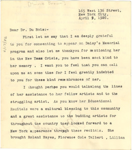 Letter from Minnie Brown to W. E. B. Du Bois