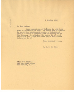 Letter from W. E. B. Du Bois to Beth Reyvelle