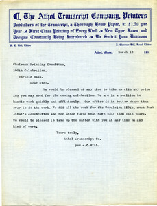 Letter from Athol Transcript Co. to Donald W. Howe