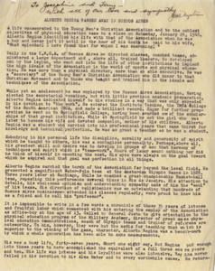 A two page document on death of Alberto Regina, written by Joel E. Nystrom (1948)
