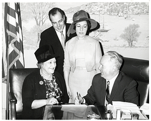 Blanche Cotton, Al Rend, Lezetha Swart, and Mayor John F. Collins in his office during Beauty Salon Week