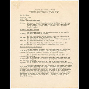 Agenda and minutes from community organization steering group meeting held March 22, 1961