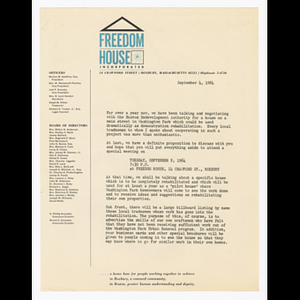 Letter from O. Phillip Snowden about attending meeting regarding Pilot House project on September 9, 1964
