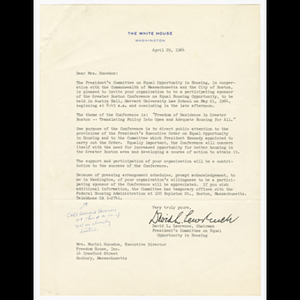 Letter from David L. Lawrence to Mrs. Snowden about sponsoring Greater Boston Conference on Equal Housing Opportunity