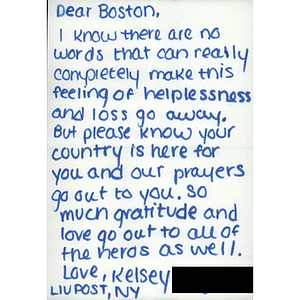 Message to the city of Boston from Long Island University (LIU Post: Brookville, New York)