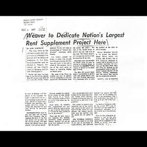 Photocopy of Boston Herald article, Weaver to dedicate nation's largest rent supplement project here