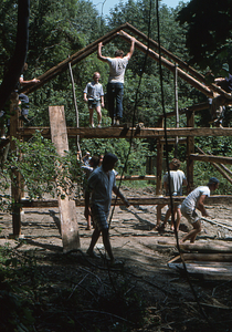 Southern end of barn at the Moon Barn Raising at entrance to Hopkins Forest on 2 August 1975.