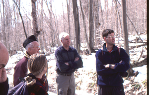 Norman E. Borlaug field trip to the Hopkins Memorial Forest. 5. Left to right: Permanent Plotters Peter McChesney (Class of 1975), Dawn Biehler (Class of 1997), Norman E. Borlaug (U MN, Class of 1937), Borlaug biographer Noel Vietmeyer, and Tim Billo