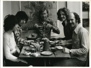 Breakfast in France, l. to r.: Unidentified, Pierre Bensusan, Jim Rooney, unidentified, Bill Keith