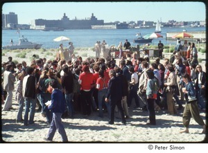 MUSE concert and rally: crowd gathering by food carts, overlooking the Hudson River