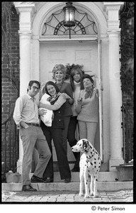 Simon family in doorway: (l.-r.) David Levine, Lucy Simon with infant, Joanna Simon, Carly Simon, Andrea Simon, and dalmatian