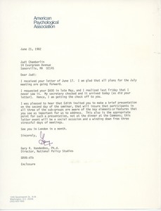 Letter from Gary R. VandenBos to Judi Chamberlin