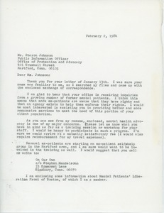 Letter from Judi Chamberlin to Sharon Johnson