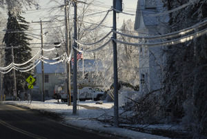 Thick ice along trees and powerlines