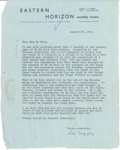 Letter from Lee Tsing-ging to Shirley Graham Du Bois