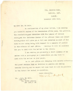 Letter from Casley Hayford to W. E. B. Du Bois