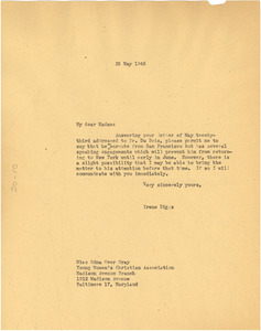 Letter from Ellen Irene Diggs to YWCA of Baltimore