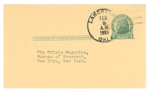 Postcard from Robert L. Fairchilde to The Crisis Magazine, Bureau of Research