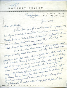 Letter from Monthly Review to W. E. B. Du Bois
