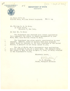 Letter from United States Dept. of State Passport Division to W. E. B. Du Bois