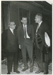 Dr. Frank L. Boyden, Prof. William H. Ross, and President John W. Lederle in front of Memorial Hall after the Centennial Convocation