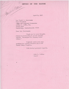 Mayor John Collins correspondence with the Vice President of Urban and Regional Economics at Arthur D. Little, Inc.