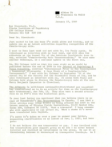 Correspondence from Lou Sullivan to Ray Blanchard (January 17, 1989)