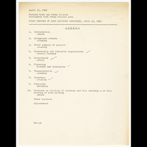 Agenda for first Host Advisory Committee meeting on April 15, 1965