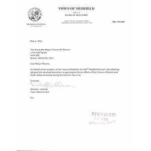 Resolution from the town of Medfield, Massachusetts passed after the 2013 Boston Marathon bombings
