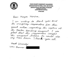 Letter of Sympathy from a Youth Cadet of the Essex County Composite Squadron, Massachusetts Wing, Civil Air Patrol, United States Air Force Auxiliary to the City of Boston