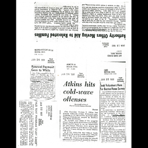Photocopies of newspaper articles about payment to complete urban renewal projects, Department of Housing and Urban Development's lack of coordination with city, City Councilor Thomas I. Atkins' criticism of developers in Roxbury and North Dorchester, need for volunteers to survey homes in Roxbury and North Dorchester, and assistance from Boston Redevelopment Authority for relocated families