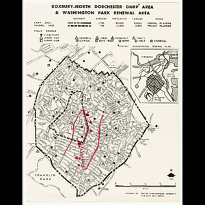 Map of Roxbury-North Dorchester GNRP Area and Washington Park Renewal Area with bus route marked