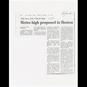 Newspaper clipping from the Boston Globe, "Task force seeks federal funds metro high proposed in Boston"