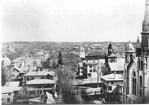 1870 Looking up Cabot Street, f-b First Baptist, First Parish, St. Mary's, Dane Street