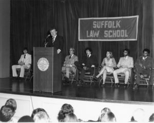 US Senator Edward M. Kennedy addresses an audience at a Suffolk University Law School event