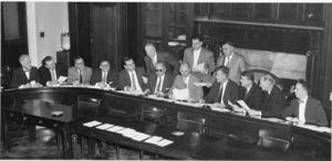 John Joseph Moakley at a Massachusetts State House Committee on Legal Affairs hearing (Moakley is seated fifth from left), 1957