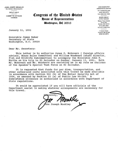 Letter from John Joseph Moakley to the Honorable James Baker regarding the authorization of James P. McGovern and William Woodward to accompany John P. Murtha on his trip to El Salvador, 11 January 1991