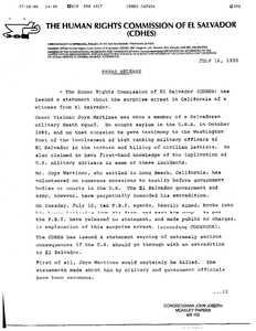 The Human Rights Commission of El Salvador press release regarding the arrest of El Salvador witness Cesar Vielman Joya Martinez, 16 July 1990
