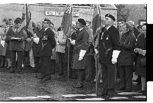 Remembrance Sunday. RUC wreath-laying ceremony at Downpatrick War Memorial by police and ex-servicemen of the British Army. The officer of the party of three is Billy Finlay, later murdered in a PIRA shooting