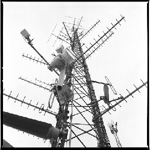 RUC station, Castlereagh, Belfast. Notorious for being the place in which many IRA prisoners were interrogated.  Known commonly as the Castlereagh Holding Centre. Bobbie was the only photographer allowed into the building to take photographs before it was demolished. Surveillance masts, aerials and cameras on outside of building