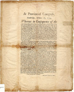 In Provincial Congress, Cambridge, October 26, 1774 : Wereas in Consequence of the present unhappy disputes betwee Great-Britain and the Colonies, a formidable body of Troops with warlike Preparations of every Sort are already arrived...