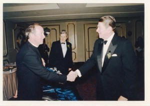 Monan, J. Donald at O'Neill Testimonial Dinner with Ronald Reagan