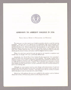 Amherst College annual report to secondary schools and report on admission to Amherst College, 1956