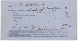 Edward Hitchcock receipt of payment to Amherst College, 1853 August 23