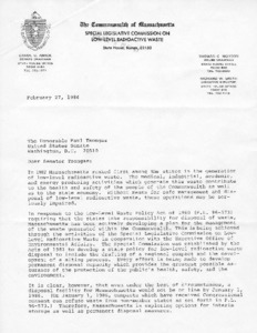 Letter to Paul Tsongas from Carol C. Amick and Thomas C. Norton regarding storage of low-level radioactive waste