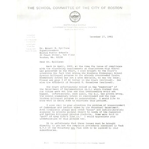 Letter, Superintendent Spillane, December 17, 1982.