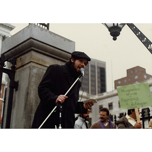 Speaker at a bilingual education rally at the steps of the Massachusetts State House