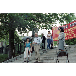 Speakers at a garment workers demonstration