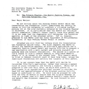 Correspondence related to the efforts of the Conservation Law Foundation to oppose the construction of a temporary parking lot at the Pilgrim Theater location in Chinatown