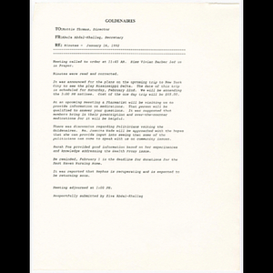 Minutes of Goldenaires meeting held January 16, 1992